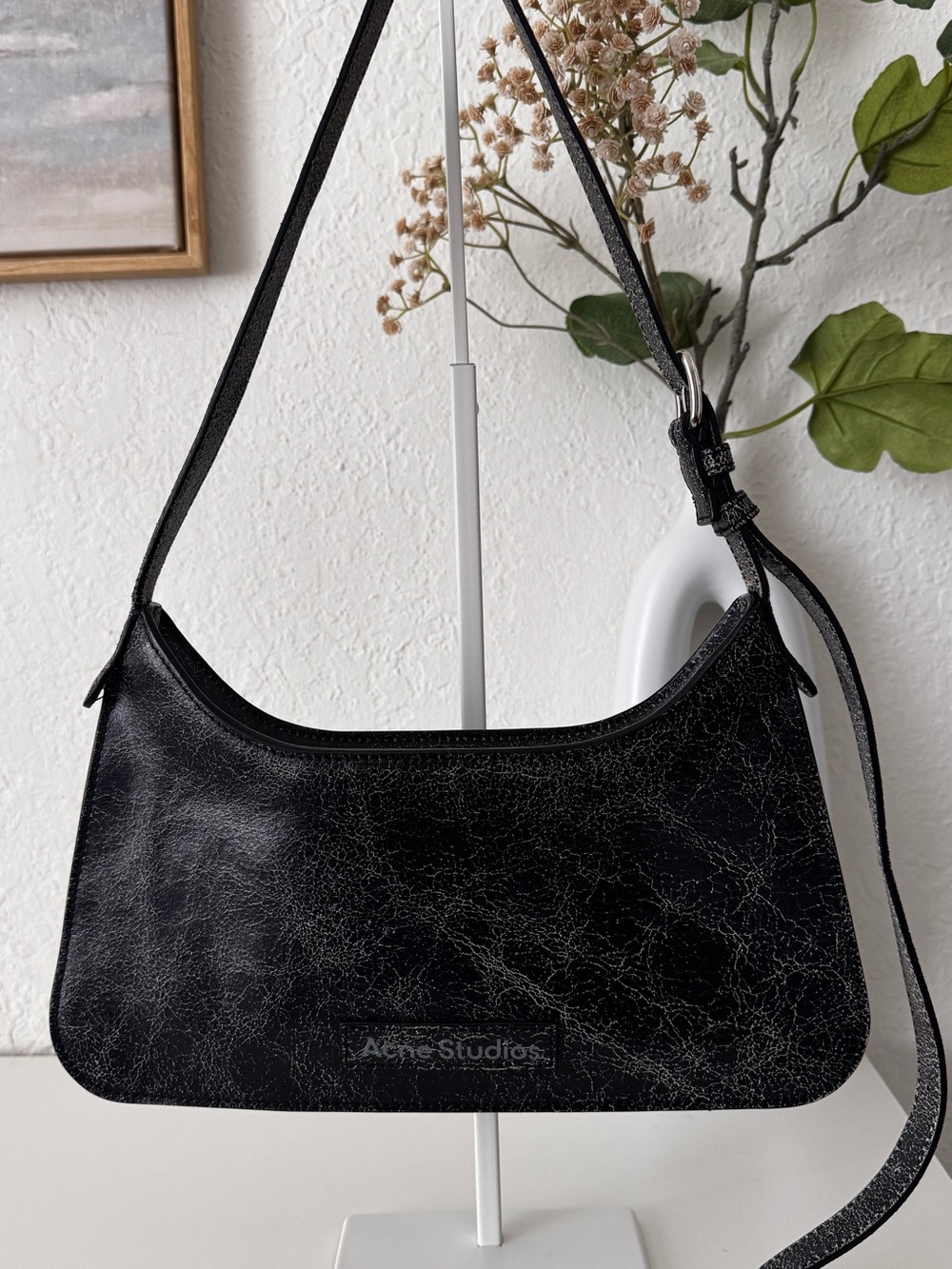 Acne Studios Platt Mini Black Cracked Leather Shoulder Bag